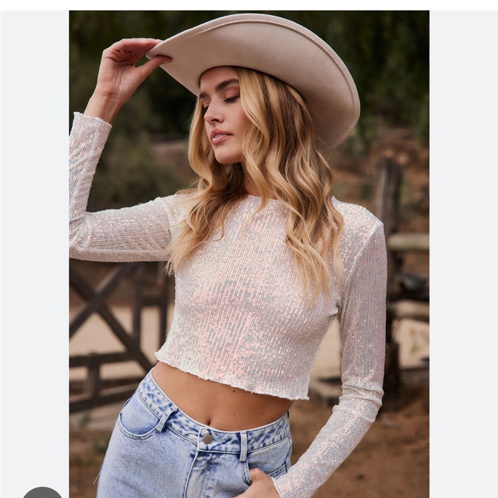 12th Tribe Lily Cropped Sequin Long Sleeve Top